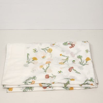 White Twin Size Flat Top Sheet Coverlet Red Yellow Floral & Butterflies Motif