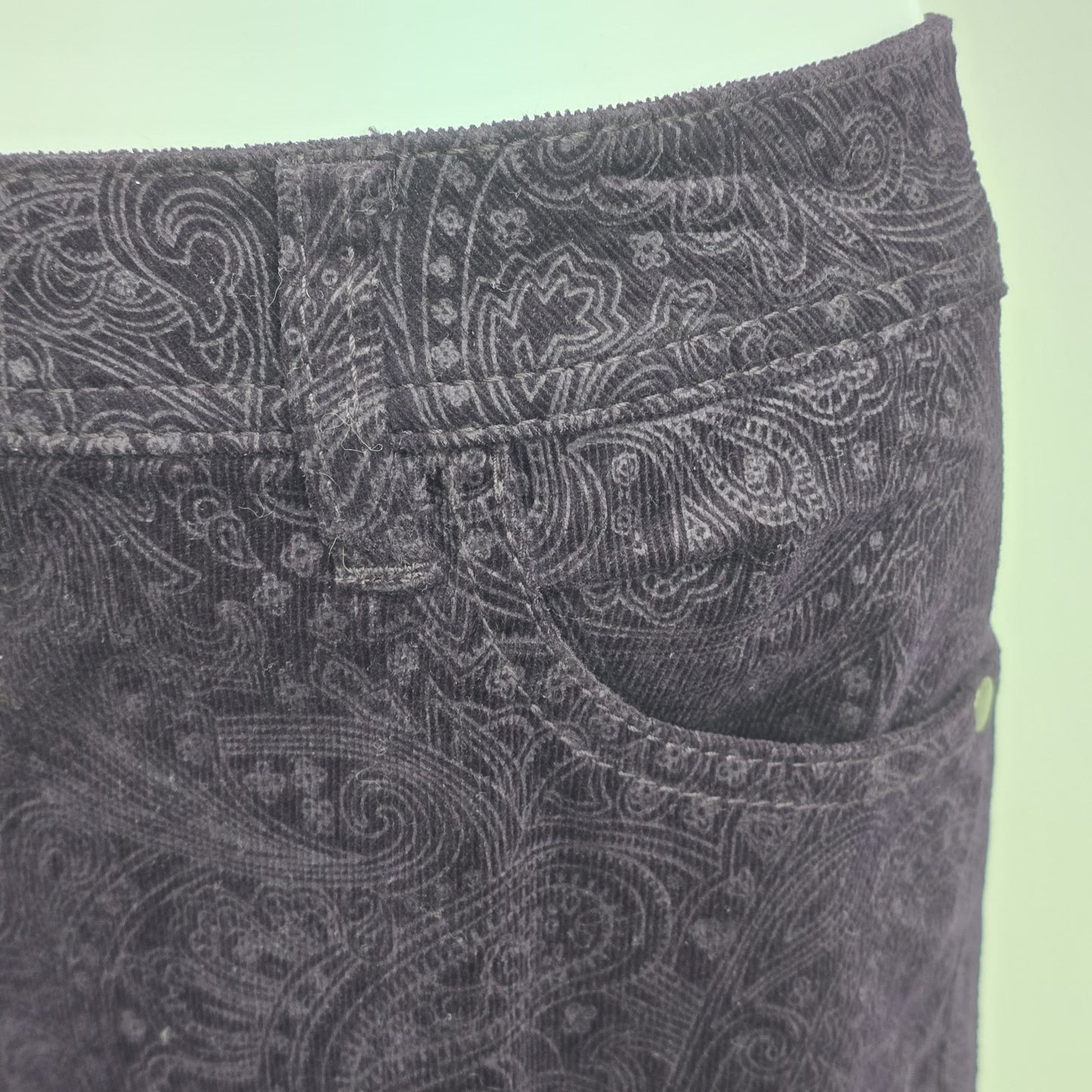 ELLE Dark Plum Purple Velvet Jeans Pants Paisley Boho Motif Low Rise Stretch 12R