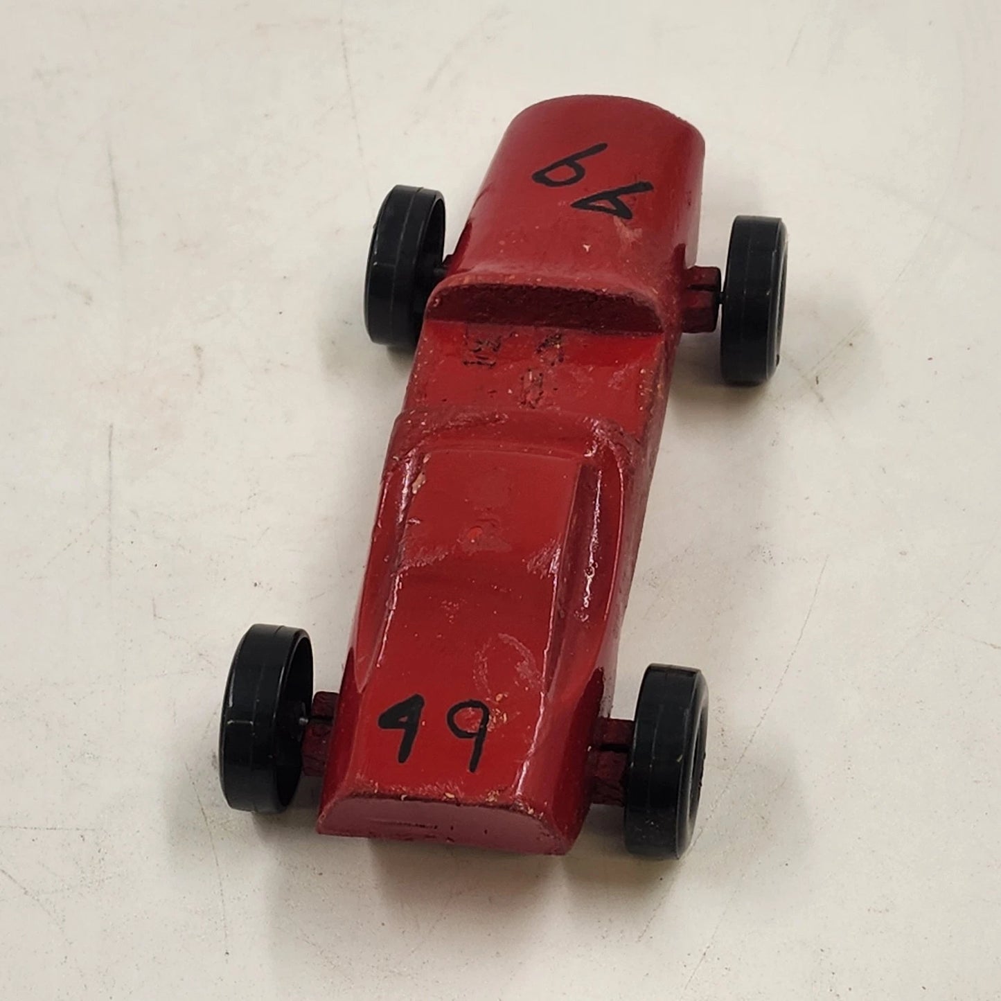 Pinewood Derby Car No 49 Red Handmade Wood Racer Vehicle w/ Winner Ribbon 1975