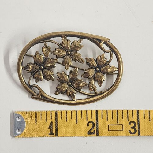 Gold Tone Floral Oval Brooch Flowers Vintage Costume Jewelry Ivy Leaf Danish