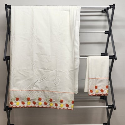 Solid White Twin Flat Sheet and Matching Pillow Case w Red & Yellow Floral Trim