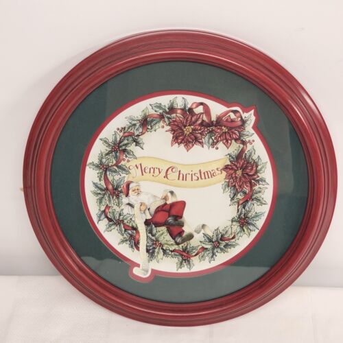 Merry Christmas Round Print Red Framed Green Matted 1994 Home Interiors 12" Vtg