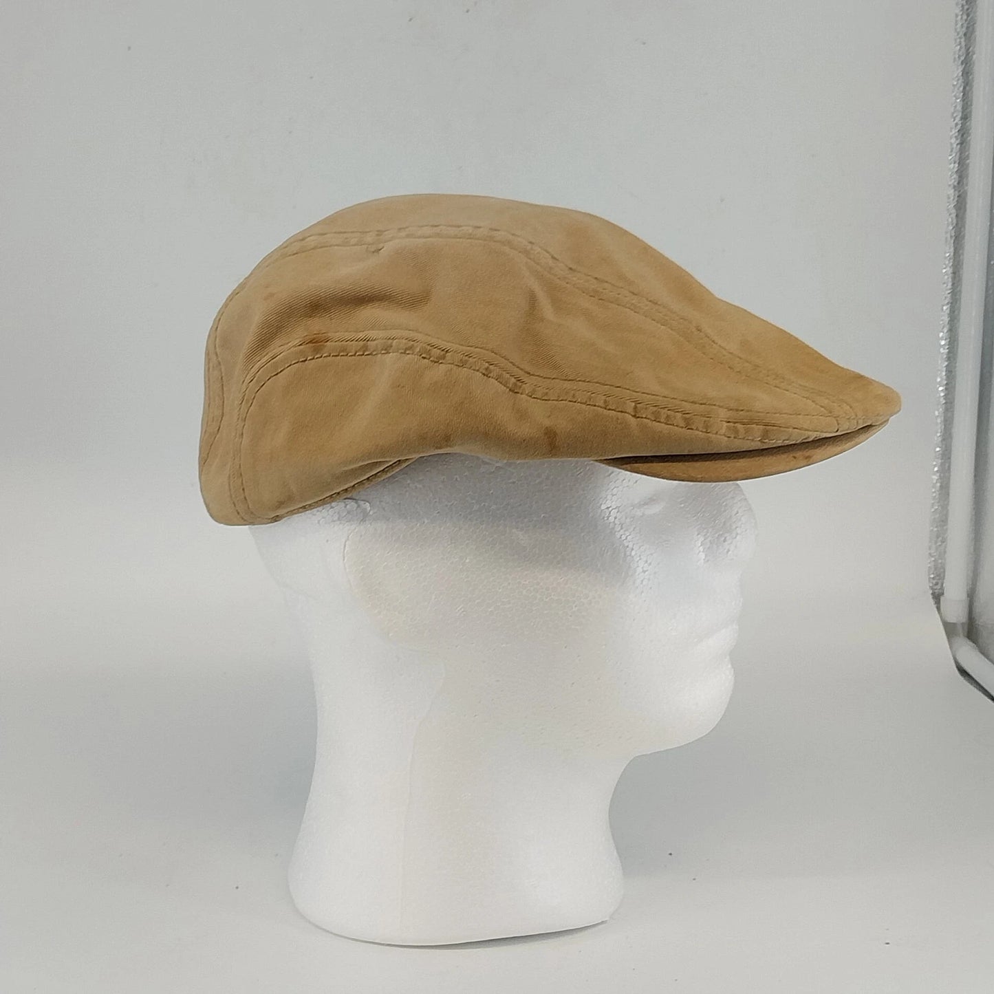 George Tan Canvas Newsboy Cap Flat Driving Hat Multi Panel Mens Small Spot Vtg