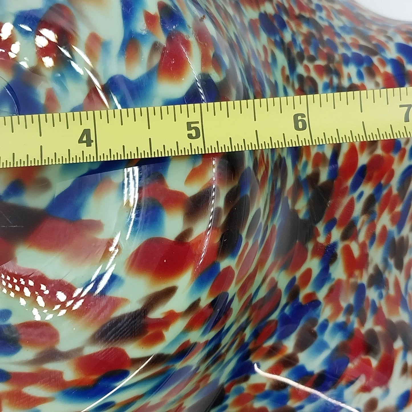 Hand Blown Art Glass Ruffled Bowl White Cased Multicolor Spun Spatter 12" Wide