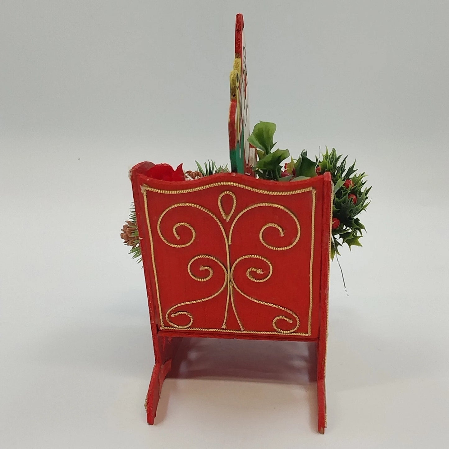 Santa Claus Wood Sleigh Card Holder Candy Bowl Pinecone Christmas 9" Centerpiece