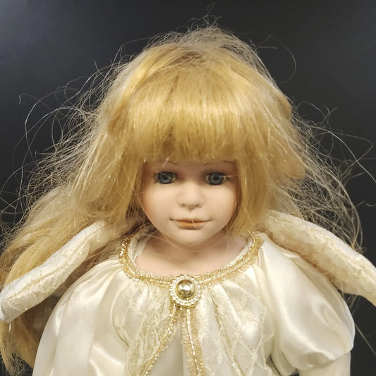 Treasures in Lace Porcelain Angel Doll Blonde White Gold Dress 17" Vintage