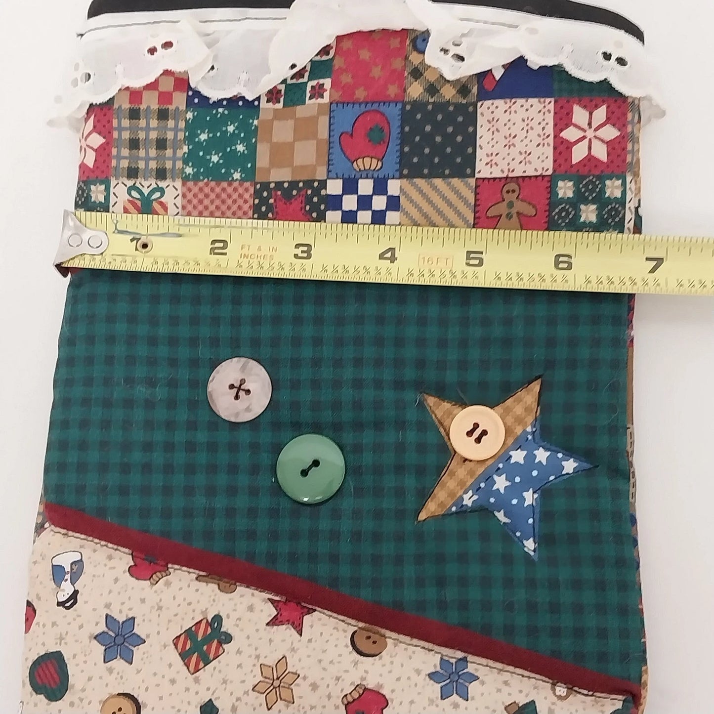 Homespun Holidays Christmas Stocking Patchwork Cotton Heart Lace Button 15" Vtg
