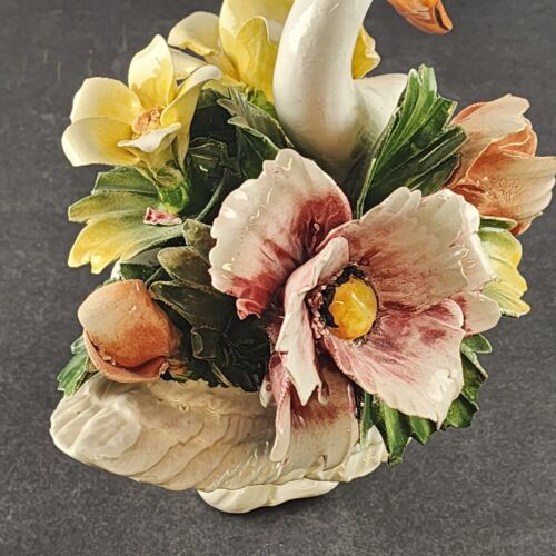 Porcelain Capodimonte Swan w Yellow Pink Flower Bouquet 4462 Ardalt Some Chips