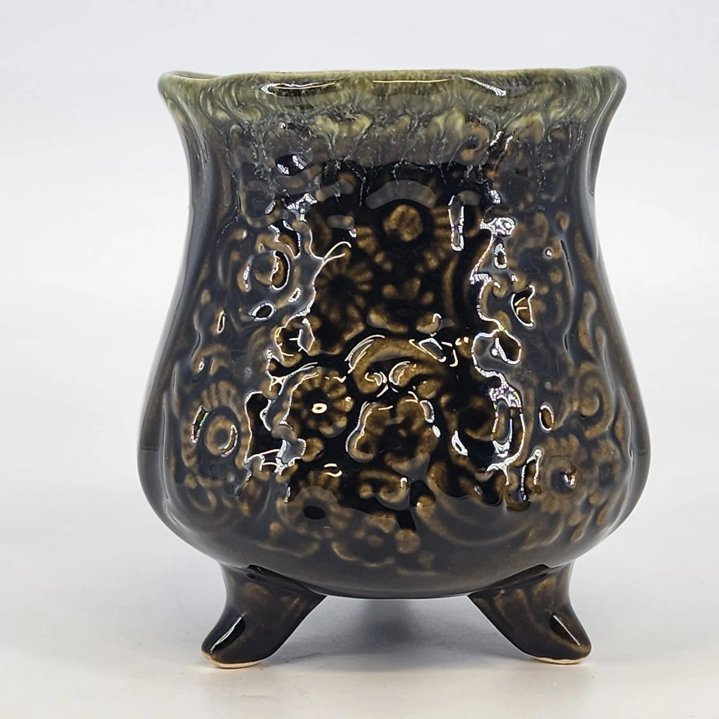 Footed Ceramic Planter Hull USA B34 Green Floral Scroll Mid-Century 5" Chipped