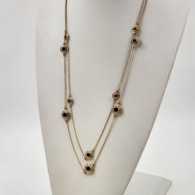 Avon Gold Tone Double Strand 15" Necklace with Black Onyx & Gold Tone Accents