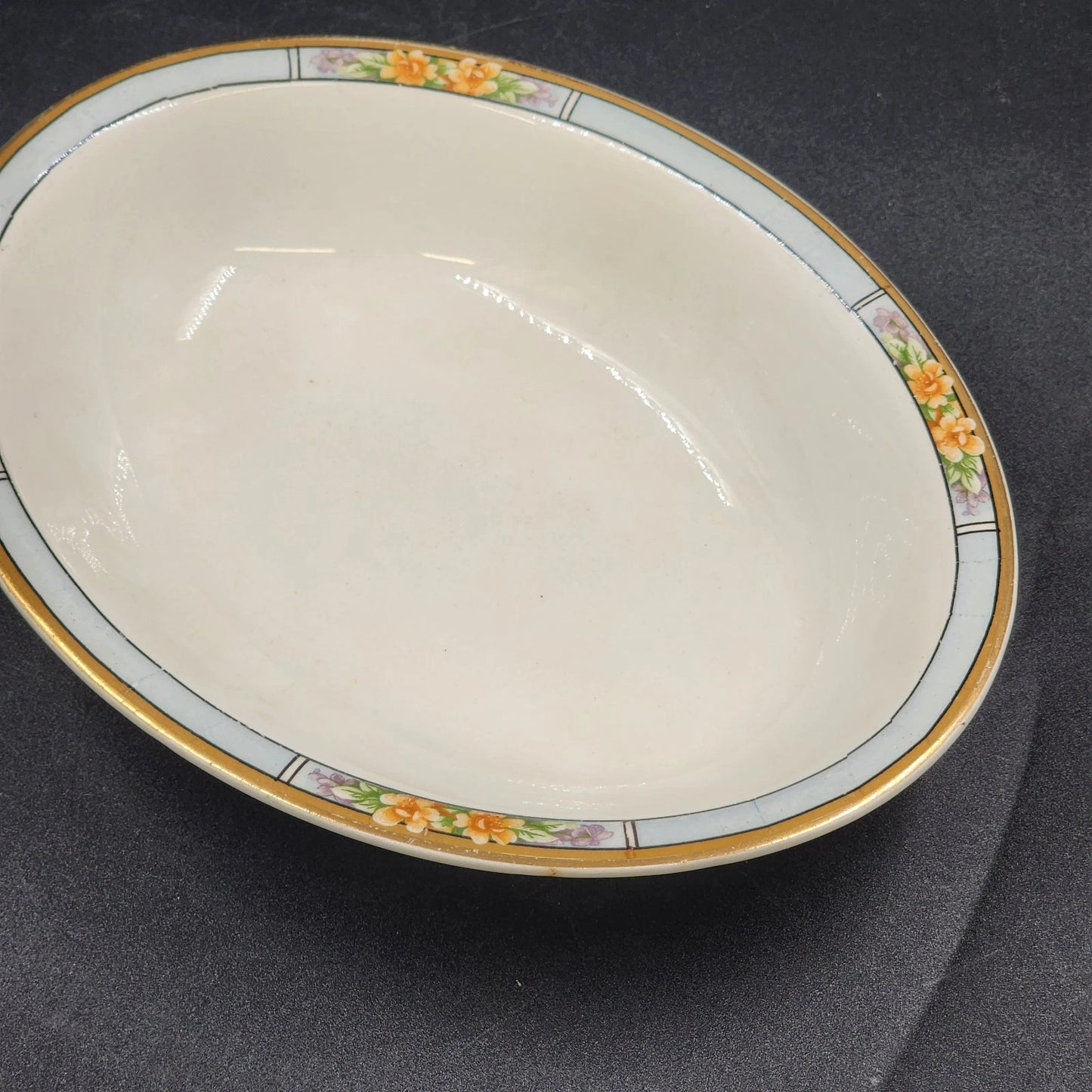 Nebraska Blue Oval Vegetable Bowl 10" England Blue Rim Flower Accent J&G Meakin