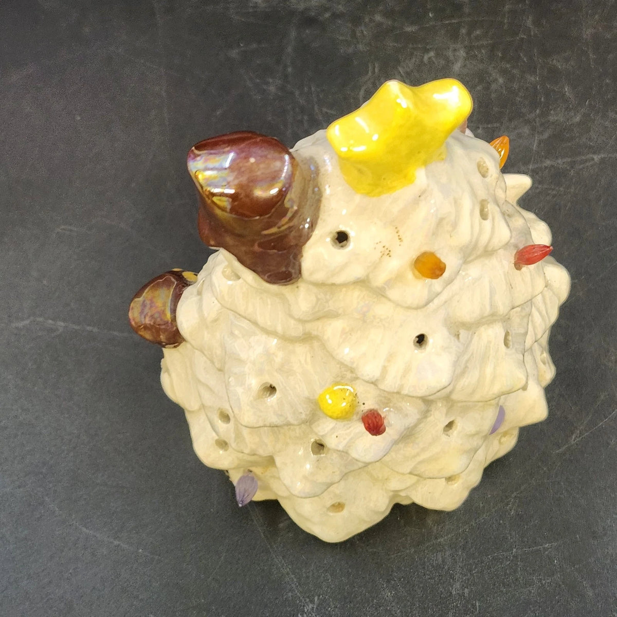 Ceramic Christmas Tree Owl Figurine Iridescent Glaze Light Holes Star on Top 5"