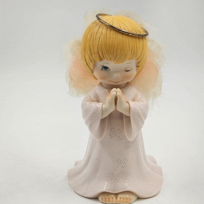 Winking Praying Angel Porcelain Figurine Fiber Optic Light 8" x 4.5"