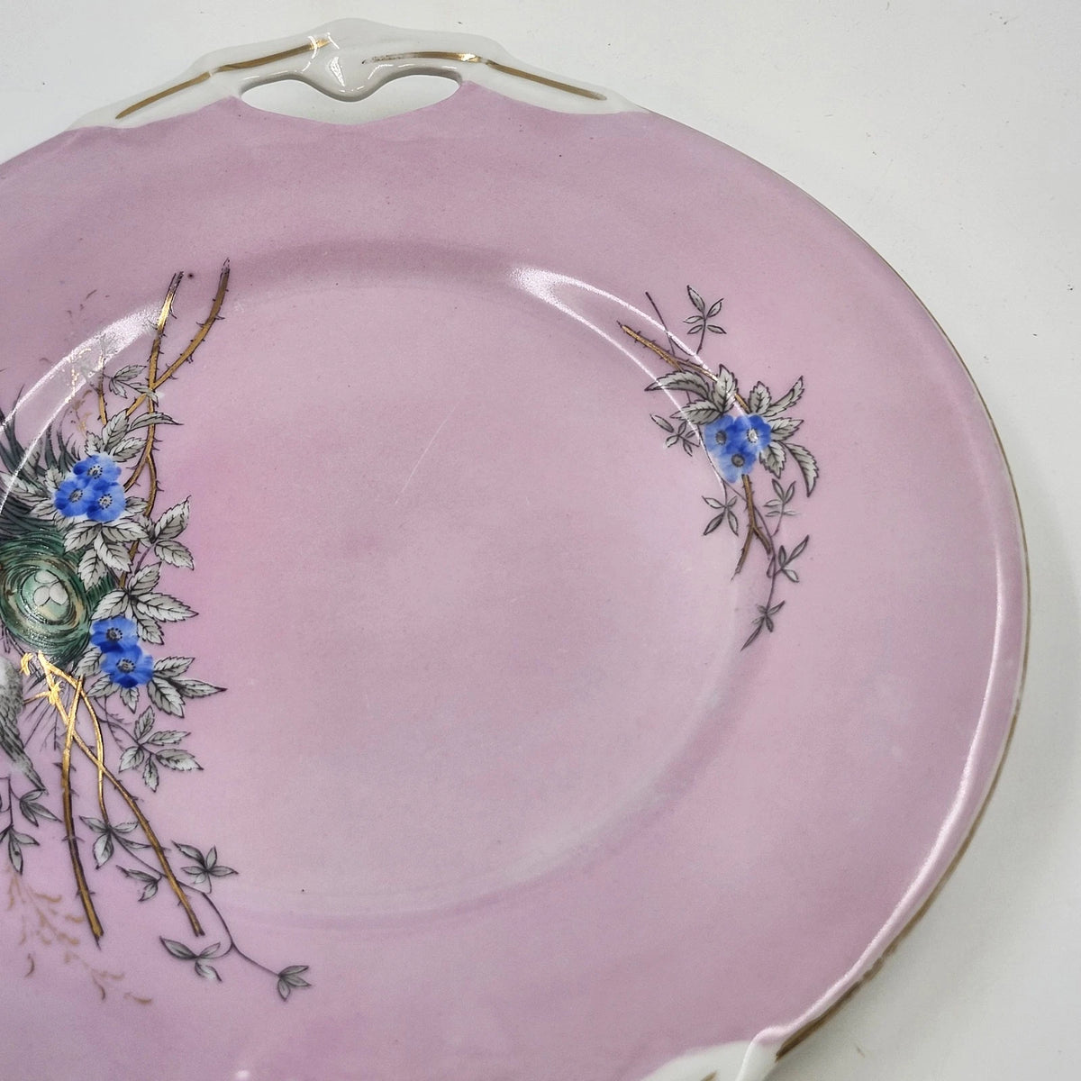 Pink Porcelain Cake Plate Birds Nest Blue Flowers Gold Handles 10.5" Antique