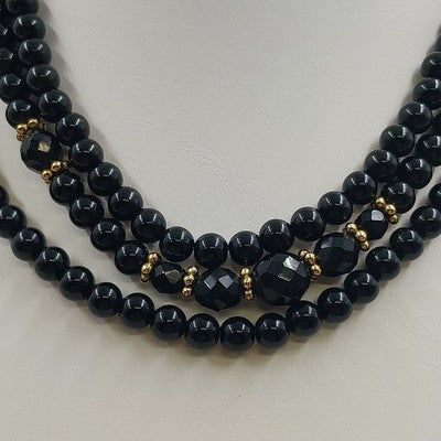 1928 Brand Three Strand Round Black Beads w Gold Tone Enamel Necklace Jewelry