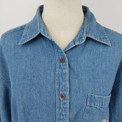 Hunt Club Denim Shirt L Women's Floral Embroidered Pocket Long Sleeve Cotton