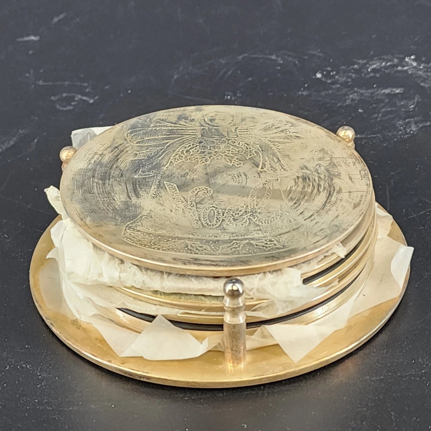 Christmas Noel Silverplated Coasters Set of 6 w Holder Angel Holiday & Box Vtg