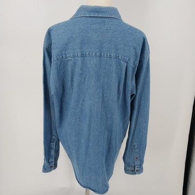 Hunt Club Denim Shirt L Women's Floral Embroidered Pocket Long Sleeve Cotton
