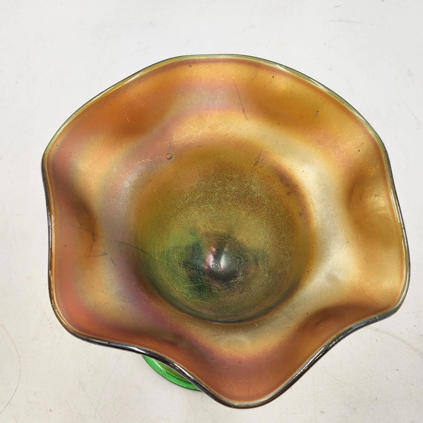 Northwood Carnival Glass Green Smooth Ray Compote Dish Ruffled Iridescent 1908