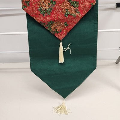 Red Table Runner Scrolled Ends White Tassels 70” x 12” Gold Motif Christmas Drum