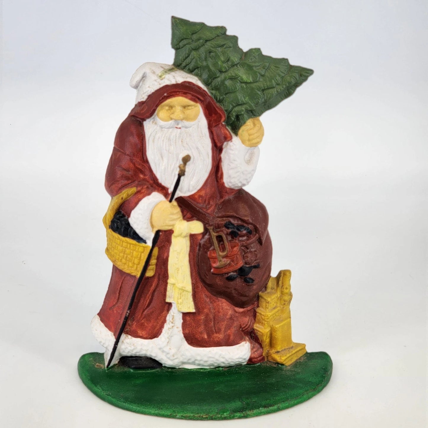 Cast Iron Santa Claus Doorstop Holding Christmas Tree & Staff Heavy 10" Vintage