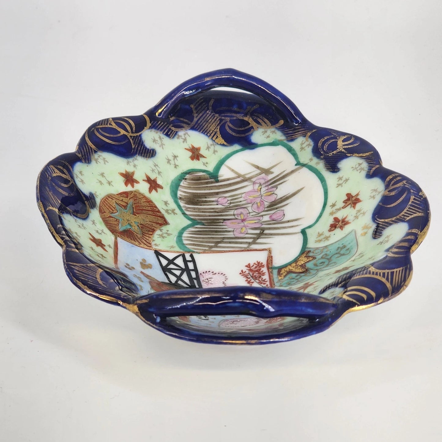 2 Japanese Porcelain Oval Dishes Hand Painted Raised Cobalt Blue Handles 8"x6.5"