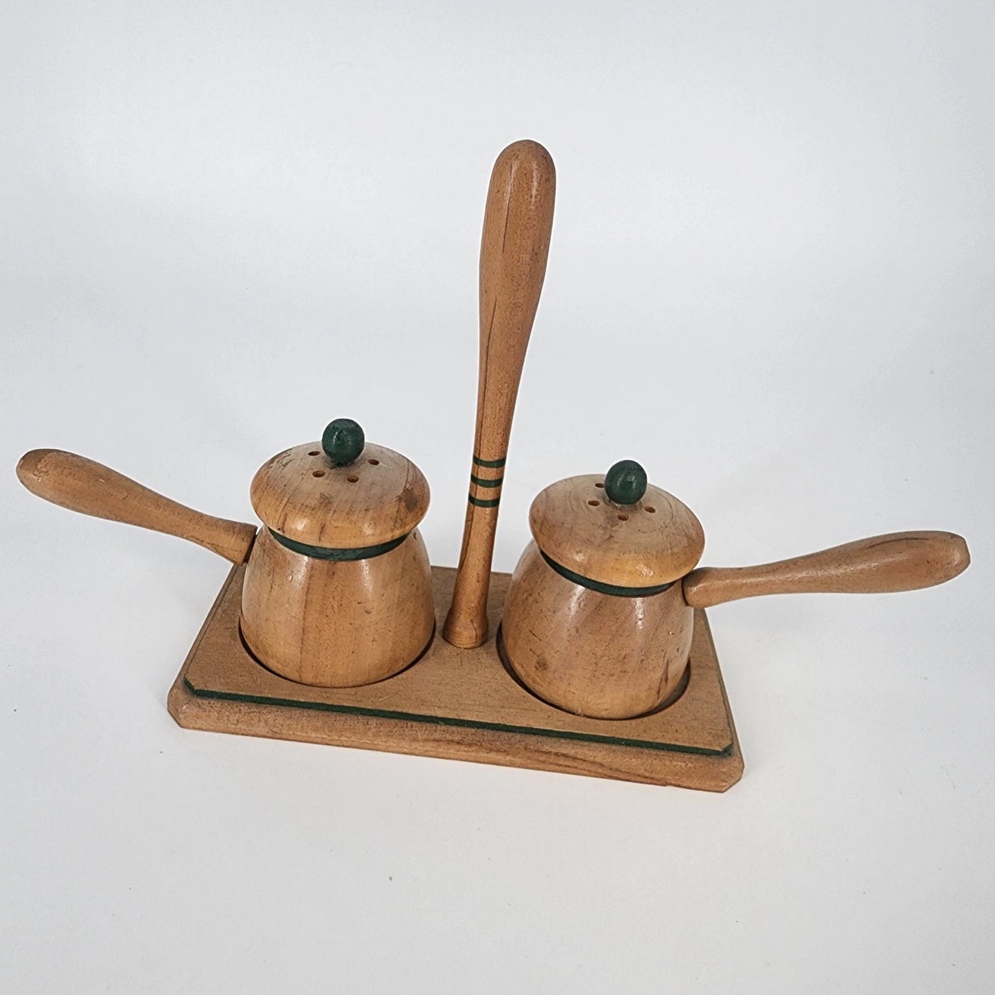 3 pc Nasco Wood Salt & Pepper Shakers Set Bean Pot Style with Stand Japan MCM