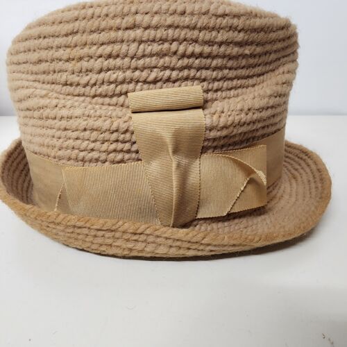 Everitt Bucket Style Rope Hat Tan w Tan Hat Band Half Creased Top Vintage 7-1/8