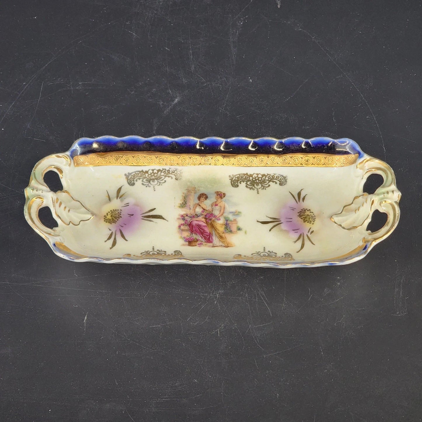 German Porcelain Celery Tray Cobalt Blue Gold Roman Ladies Scene 1900's Antique