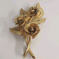 Textured Gold Tone Triple Rose Brooch with Leaves Costume Jewelry 2.5" Long Vtg