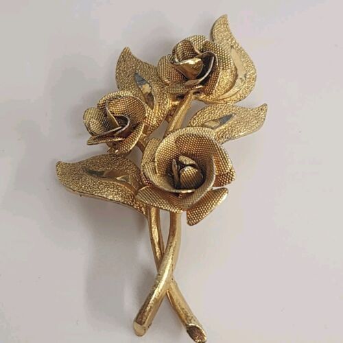 Textured Gold Tone Triple Rose Brooch with Leaves Costume Jewelry 2.5" Long Vtg