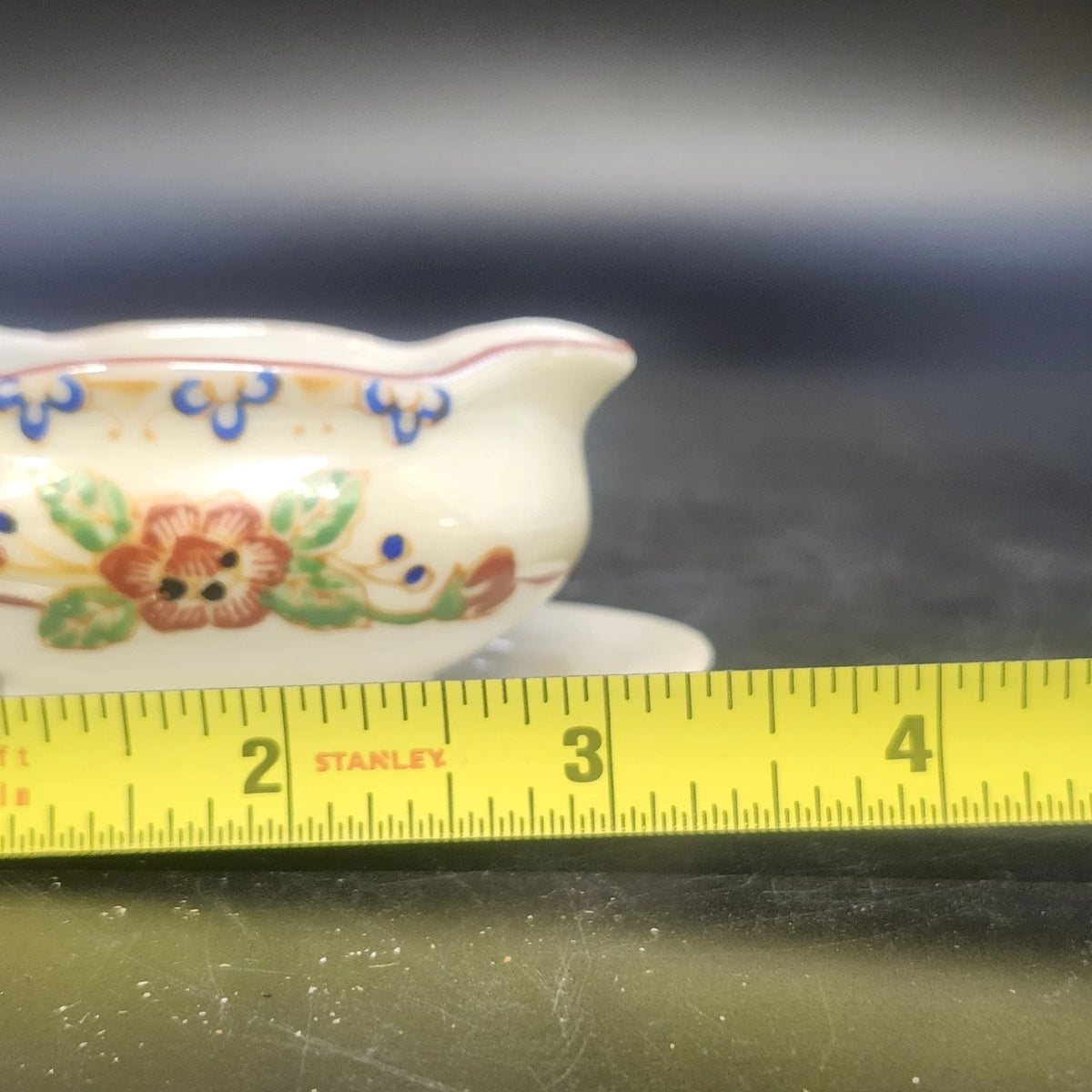 Porcelain Sauce Gravy Bowl with Underplate 3" Hand Painted Floral Rust Rim Japan