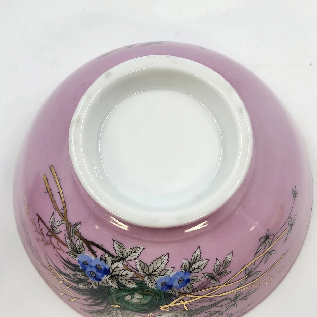 Pink Porcelain Footed Bowl Birds Nest Blue Flowers Gold Trim 6.25" Kitchen