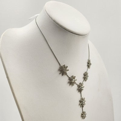 Silver Tone Chain Rhinestone Starburst Flower Pendant 10" Long Necklace Lobster
