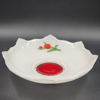 Indiana Glass White Footed Bowl Red Tulips Ruffled Edge Vintage