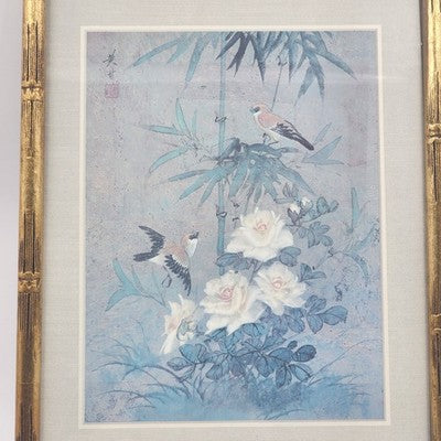 Framed Asian Silk Painting Birds & Flowers 13x17 Faux Bamboo Frame 1993