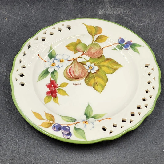 Brunelli Tiffany Pattern Reticulated Figs and Flowers Plate 8.5" Italy Signed