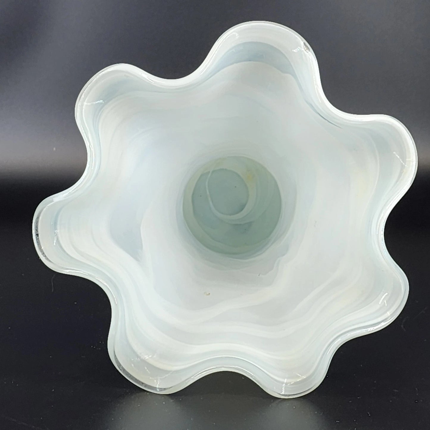 Frosted Art Glass Large Vase 11" Ruffled Scalloped Top White Swirl Hand Blown
