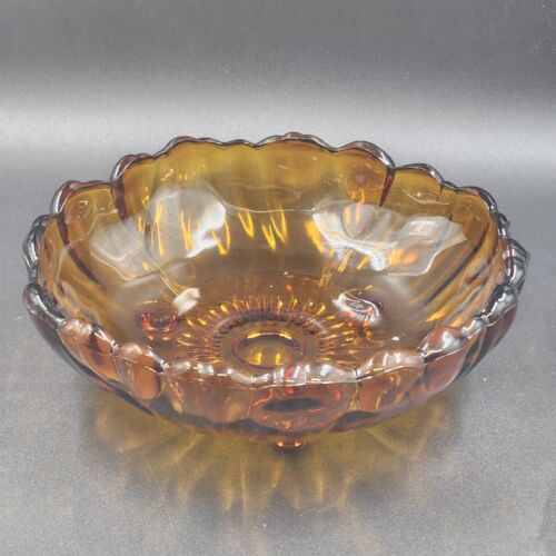 Indiana Glass Amber Sunflower Footed Fruit Serving Bowl 11x3.5" Vintage 1970s