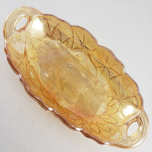 Carnival Glass Relish Dish Oval Flower Daisy Marigold Iridescent Gold 9½" × 4¾"