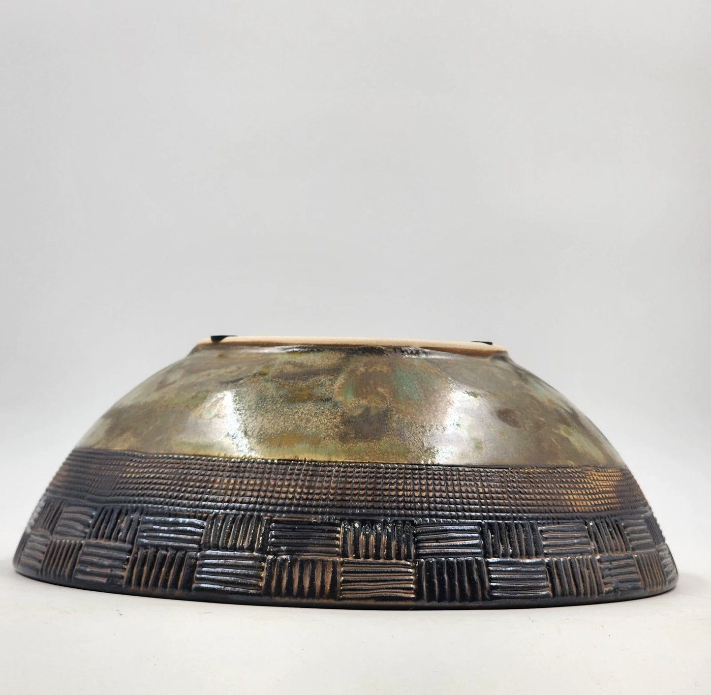 Ochre Green Glazed Pottery Bowl Basket Weave Outer Design Ceramic Lusterware 12"
