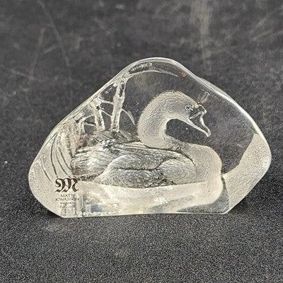 Etched Swan Paperweight Lead Crystal Glass Mats Jonasson Sweden Signed