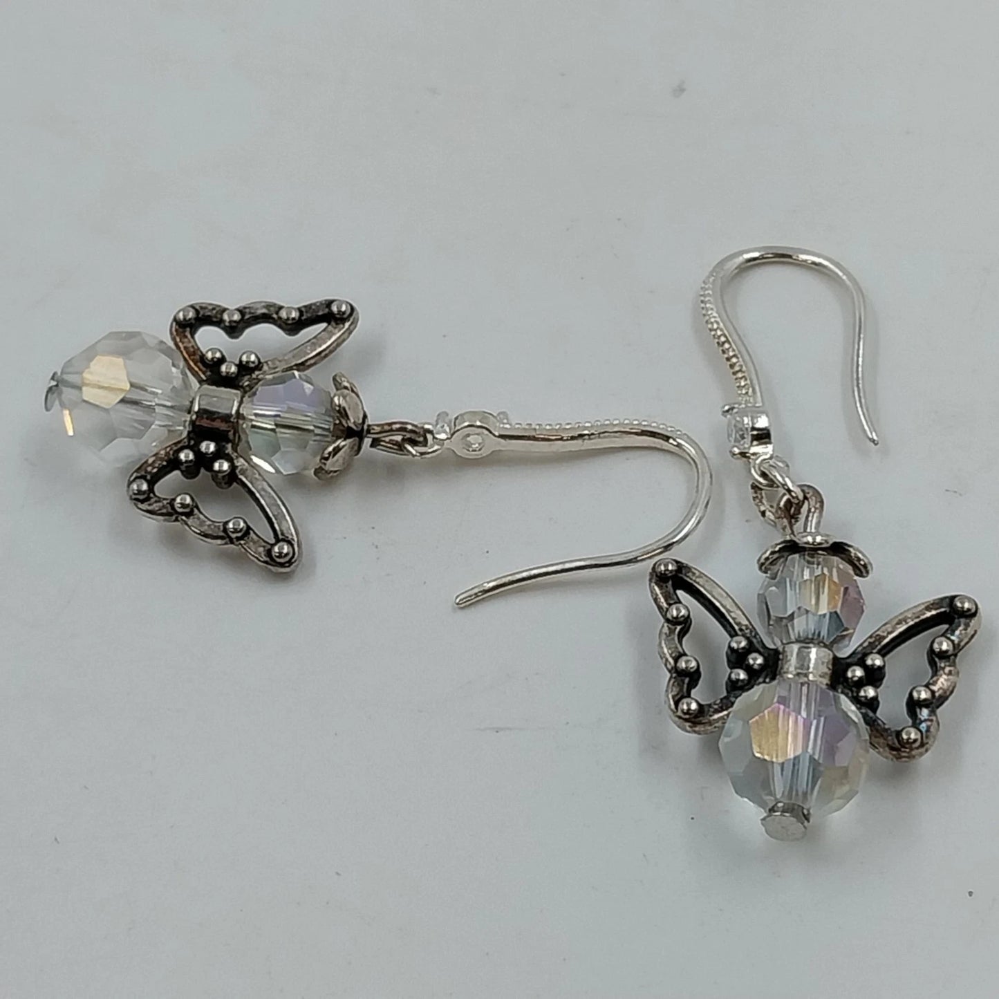Silver Tone Angel Wing Dangle Earrings Clear Faceted Beads French Hook Jewelry