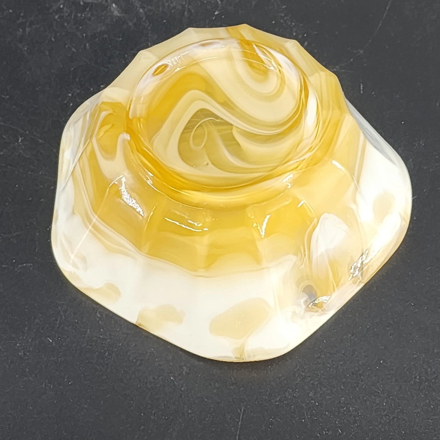 Akro Agate Caramel Slag Glass Bowl Scalloped Paneled Swirl