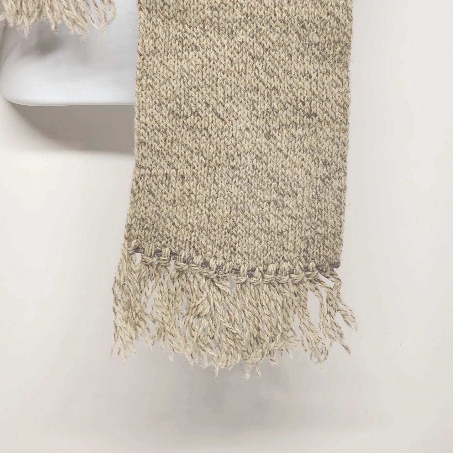 Hand Woven Beige Wool Scarf Knotted Fringe 48x7 Vintage