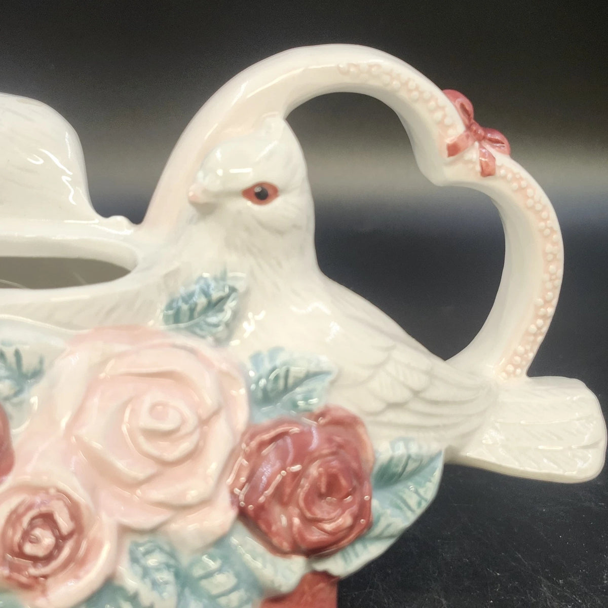 Ceramic Dove Teapot Vase Roses Woven Basket Heart NO LID 9.25" Taiwan Vintage