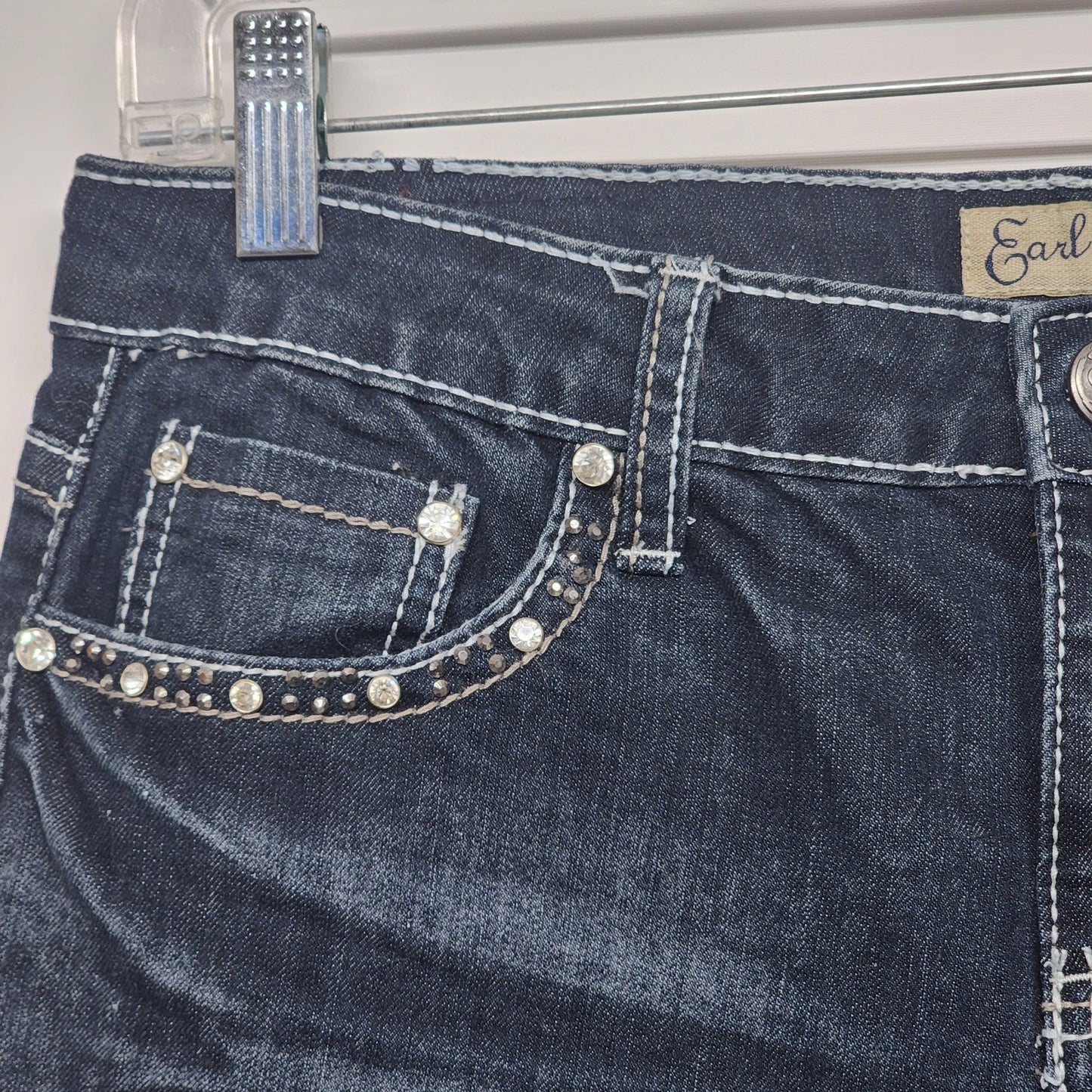Earl Jean Women's Denim Jeans Dark Blue Bedazzled Rhinestone Pockets Inseam 31"