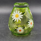 Daisy Green Swirl Glass Vase Hand Painted White Daisies Mid Century Style 7” Vtg