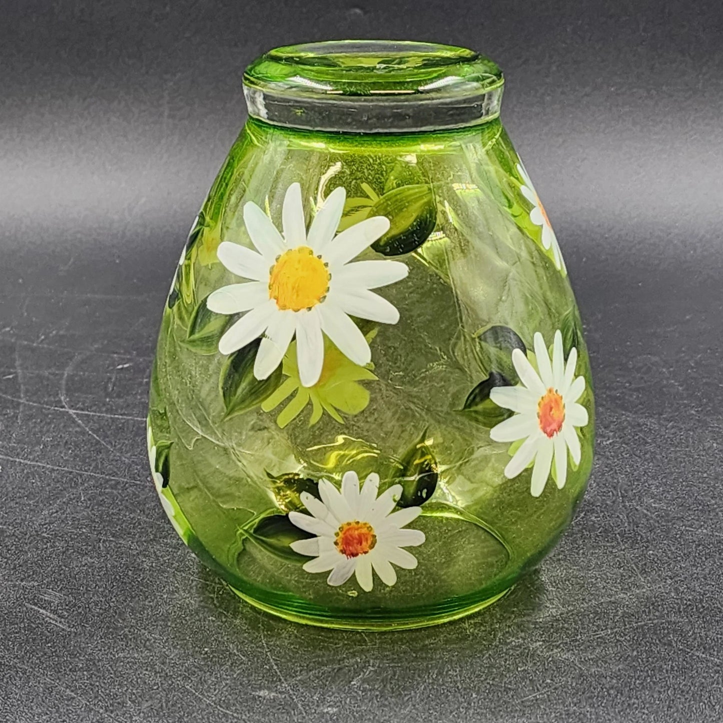 Daisy Green Swirl Glass Vase Hand Painted White Daisies Mid Century Style 7” Vtg