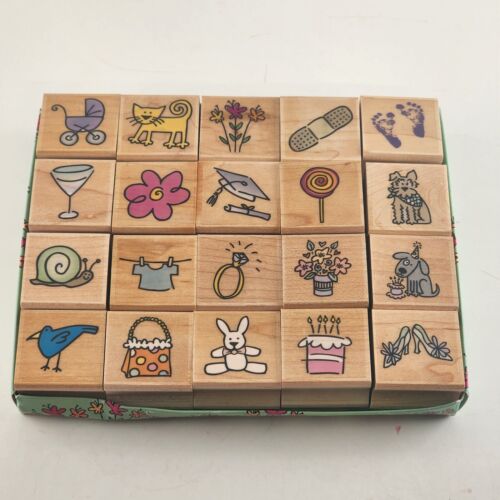 Hero Arts Set of 20 Wood Mounted Rubber Stamps Vintage 1.25 x 1.25 Inches